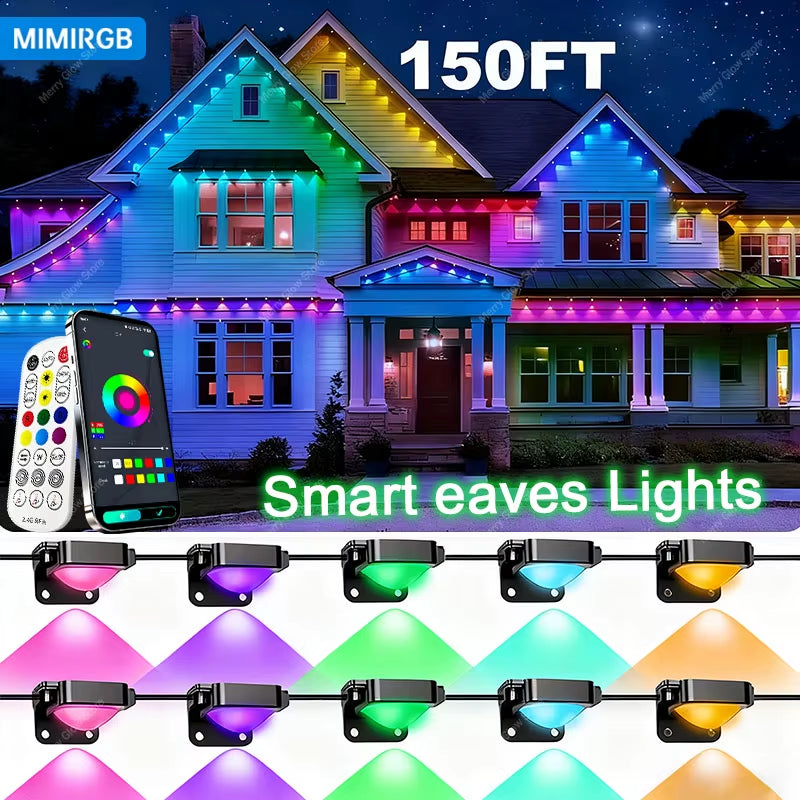 150FT Permanent Outdoor Smart RGBIC Eave Lights Multiple Scene Modes 90LED Cornice Lights for Holiday Halloween Christmas Decor