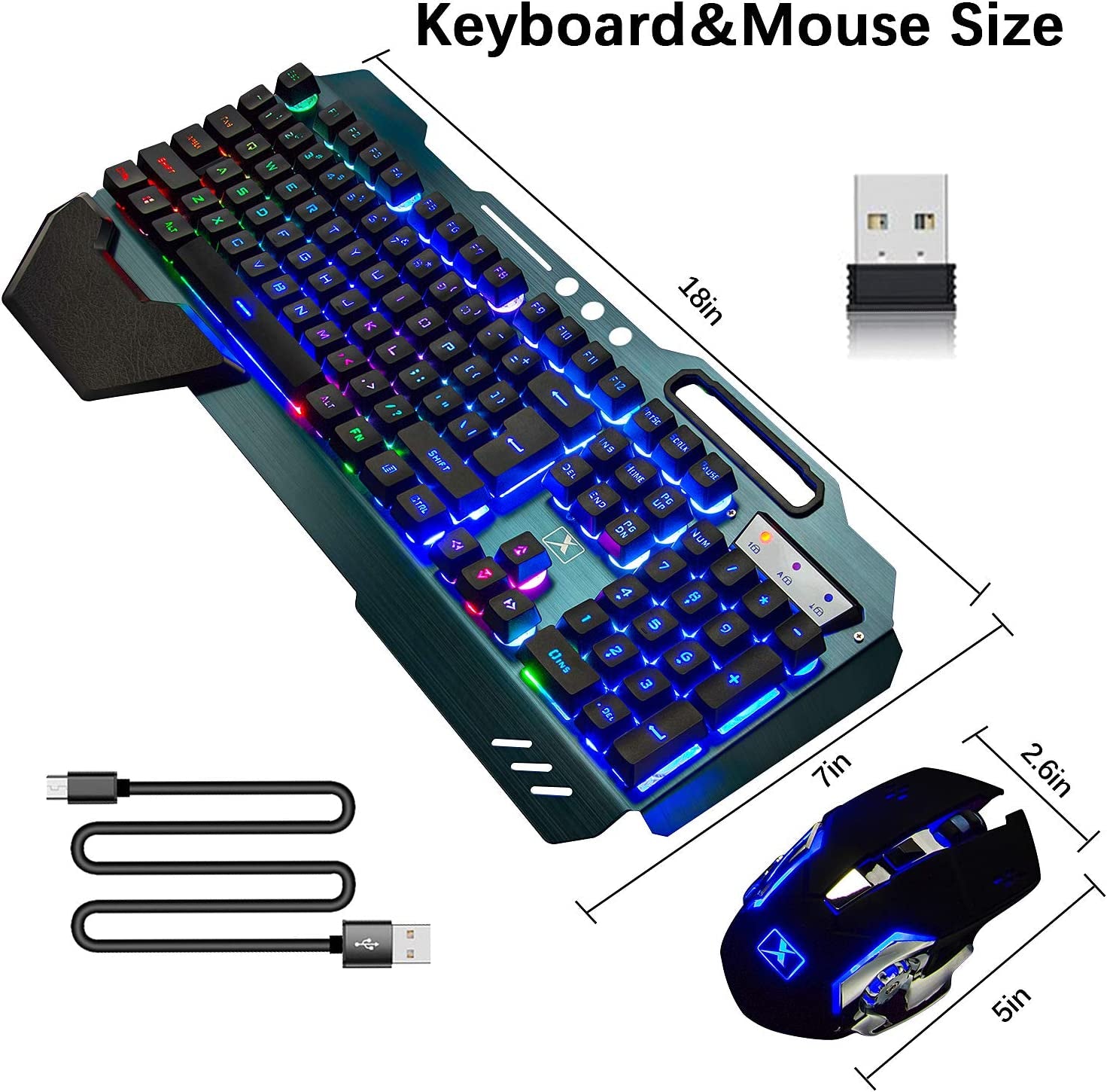 Wireless Gaming Keyboard and Mouse, Rainbow Backlit Rechargeable Keyboard Mouse 