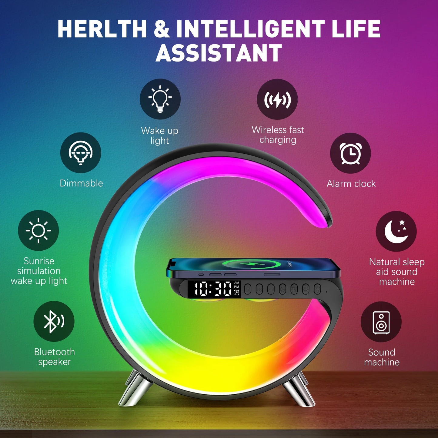 Bluetooth Atmosphere Lamp Alarm Clock, 15W Fast Wireless Charger, Dimmable Night Light