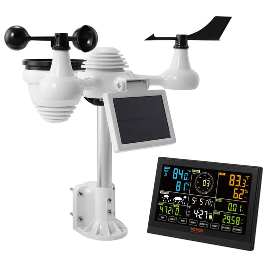VEVOR 7-In-1 Wi-Fi Weather Station, 7.5 in Color Display, Home Weather Station Indoor Outdoor, with Solar Wireless Outdoor Sensor Alarm Alerts, for Temperature Humidity Wind Speed/Direction Rain