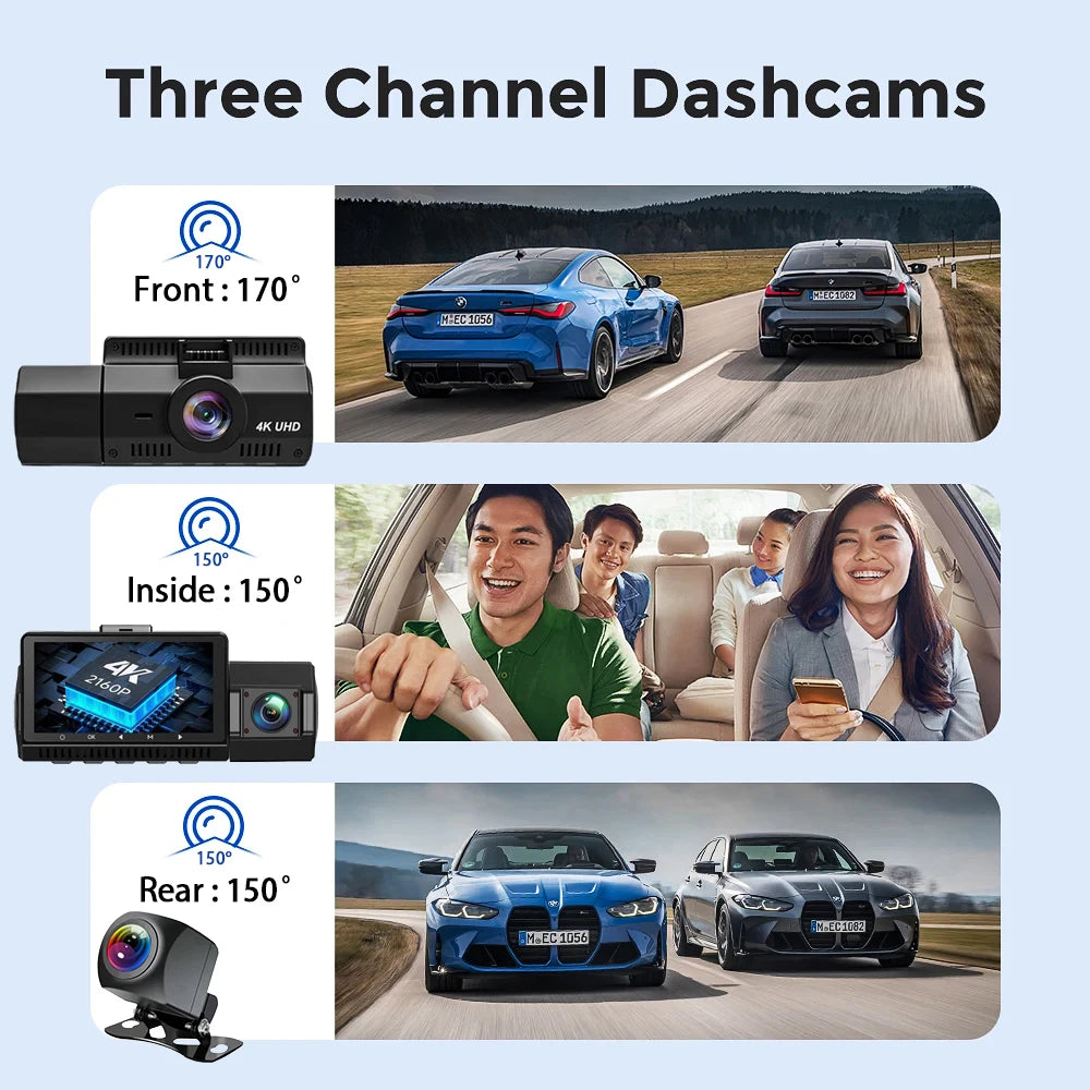 3 Channel Dash Cam Front inside Rear Three Way Car Dash Camera 4K+1080P Dual Channel with Wifi GPS IR Night Vision DVR Black Box