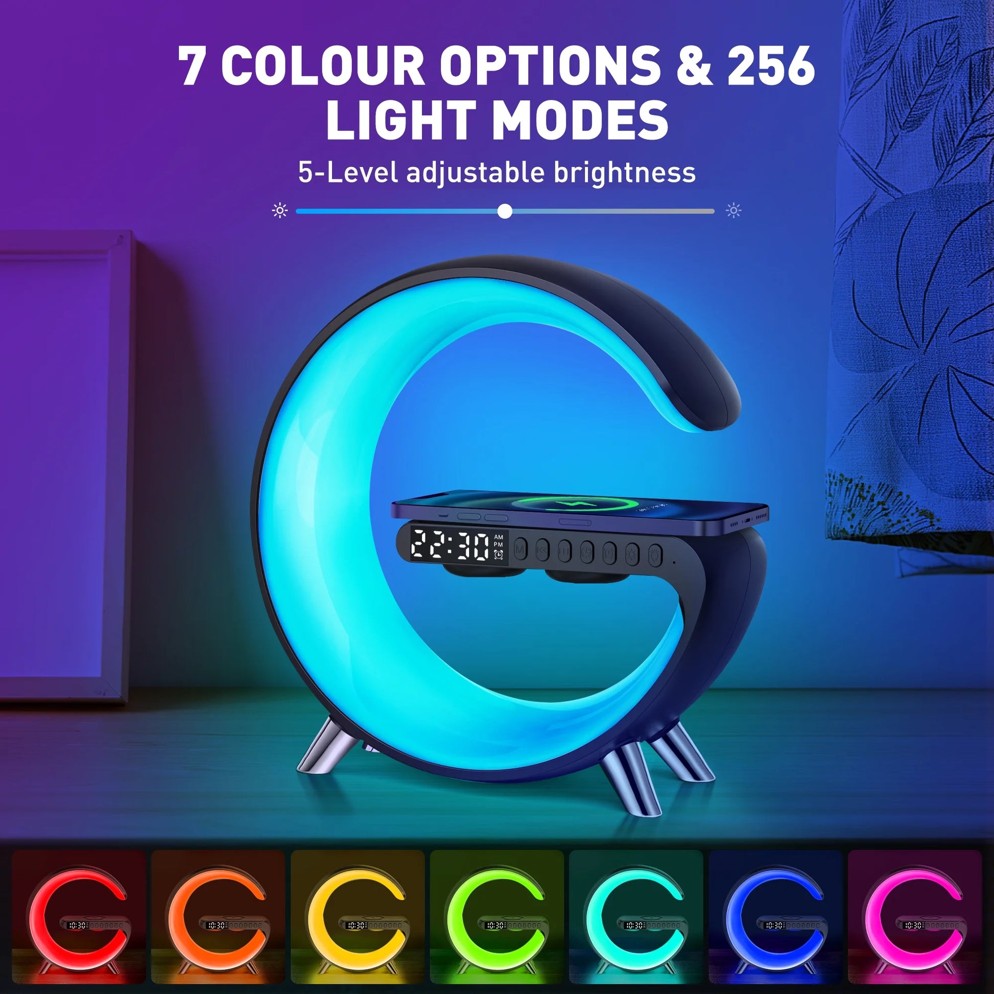 Bluetooth Atmosphere Lamp Alarm Clock, 15W Fast Wireless Charger, Dimmable Night Light