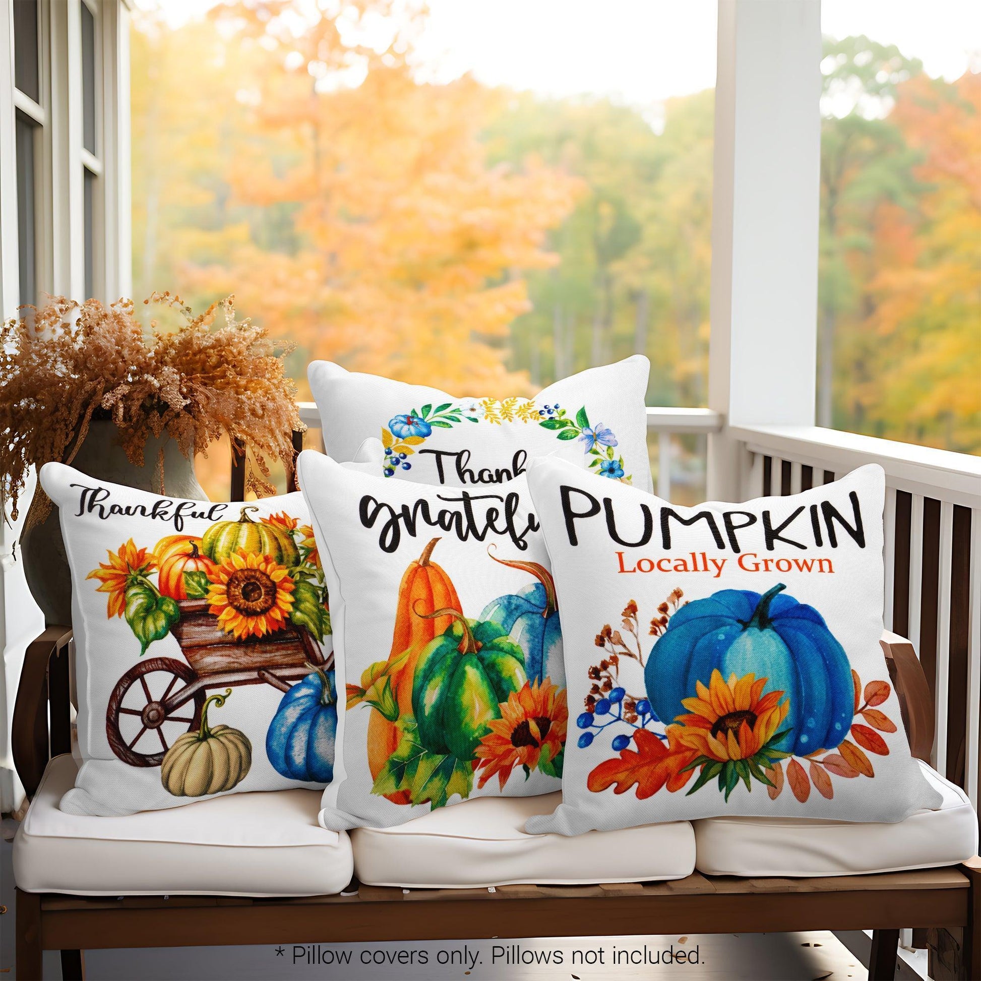 Fall Decoration Pumpkin Thankful Waterproof Throw Pillow Covers 18 X 18 in Set of 4, Beautiful Cushion Covers for Autumn Thanksgiving Sofa Couch Decoration