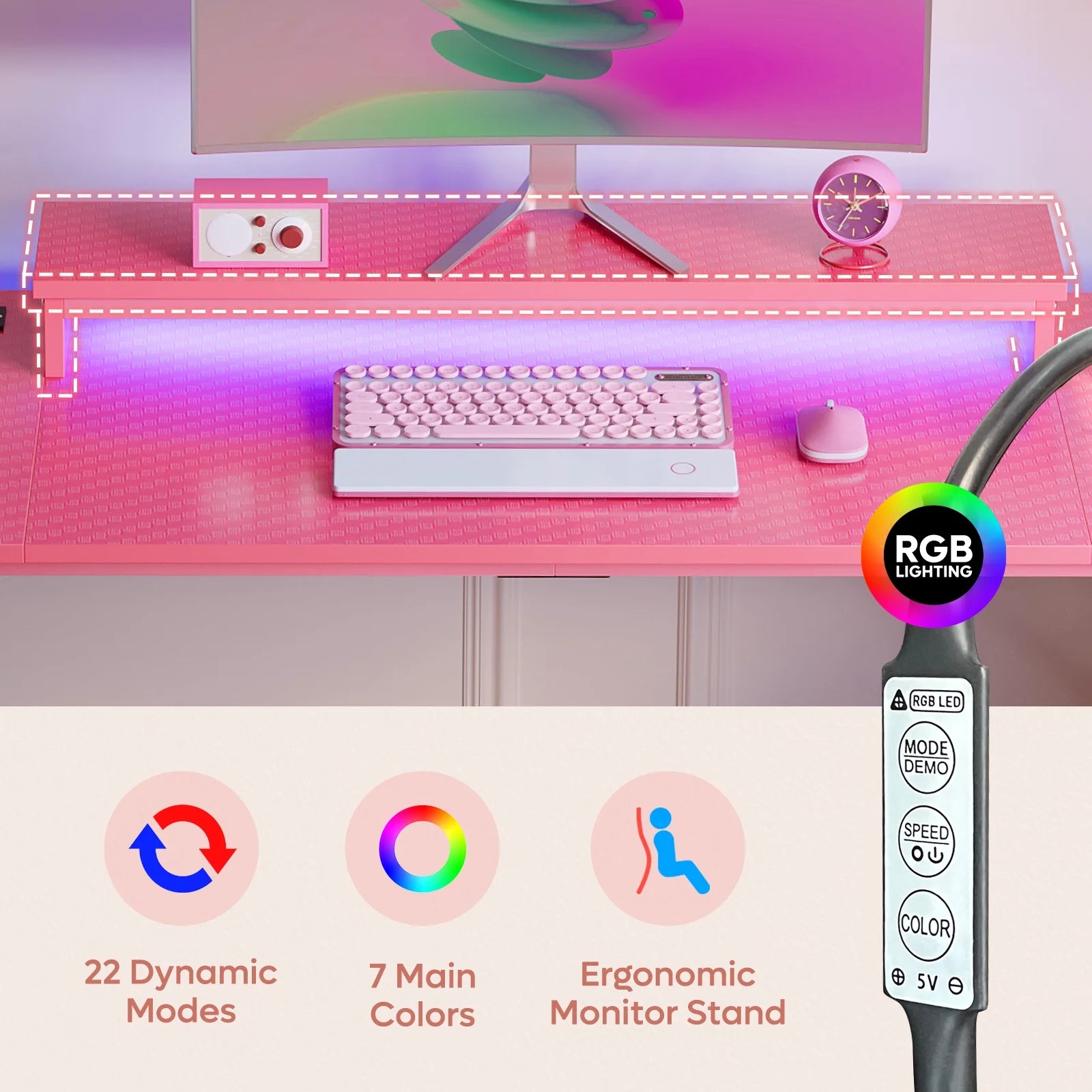 52 Inch Gaming Desk with Power Strip and LED Monitor Stand, Carbon Fiber Pink