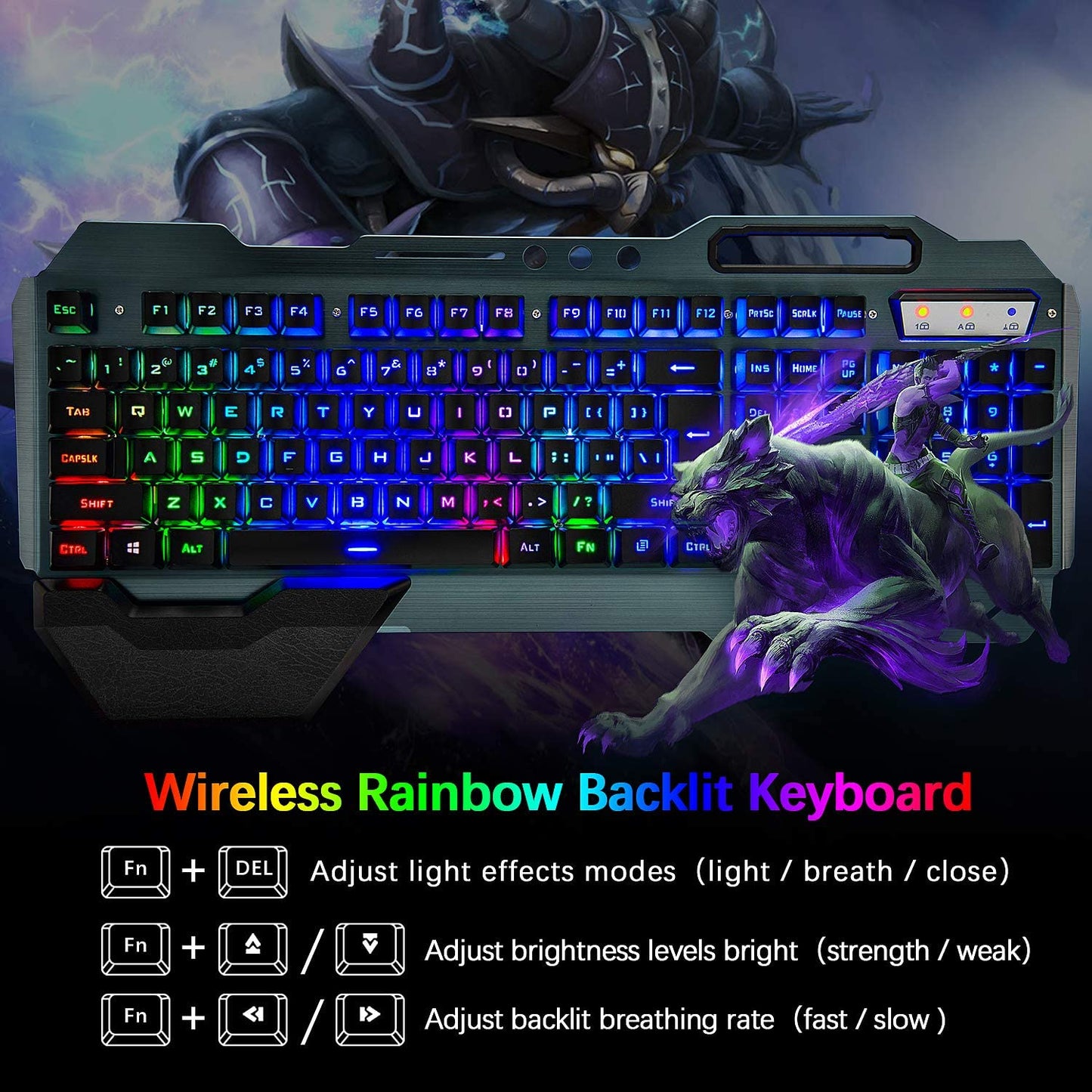 Wireless Gaming Keyboard and Mouse, Rainbow Backlit Rechargeable Keyboard Mouse 
