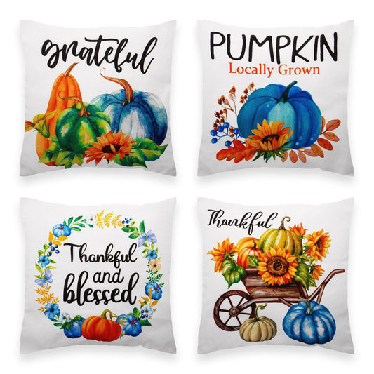Fall Decoration Pumpkin Thankful Waterproof Throw Pillow Covers 18 X 18 in Set of 4, Beautiful Cushion Covers for Autumn Thanksgiving Sofa Couch Decoration